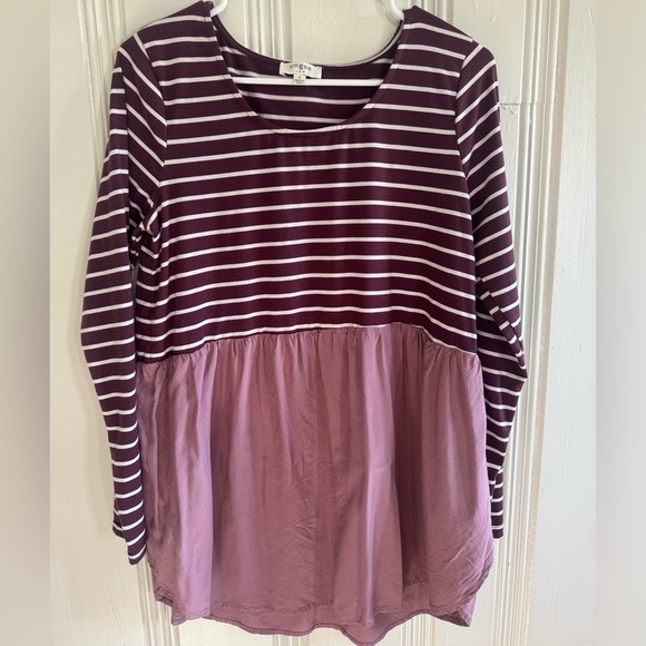 Umgee Tops - Maroon and White Striped Umgee Blouse with Flowy Pink Bottom Size Small
